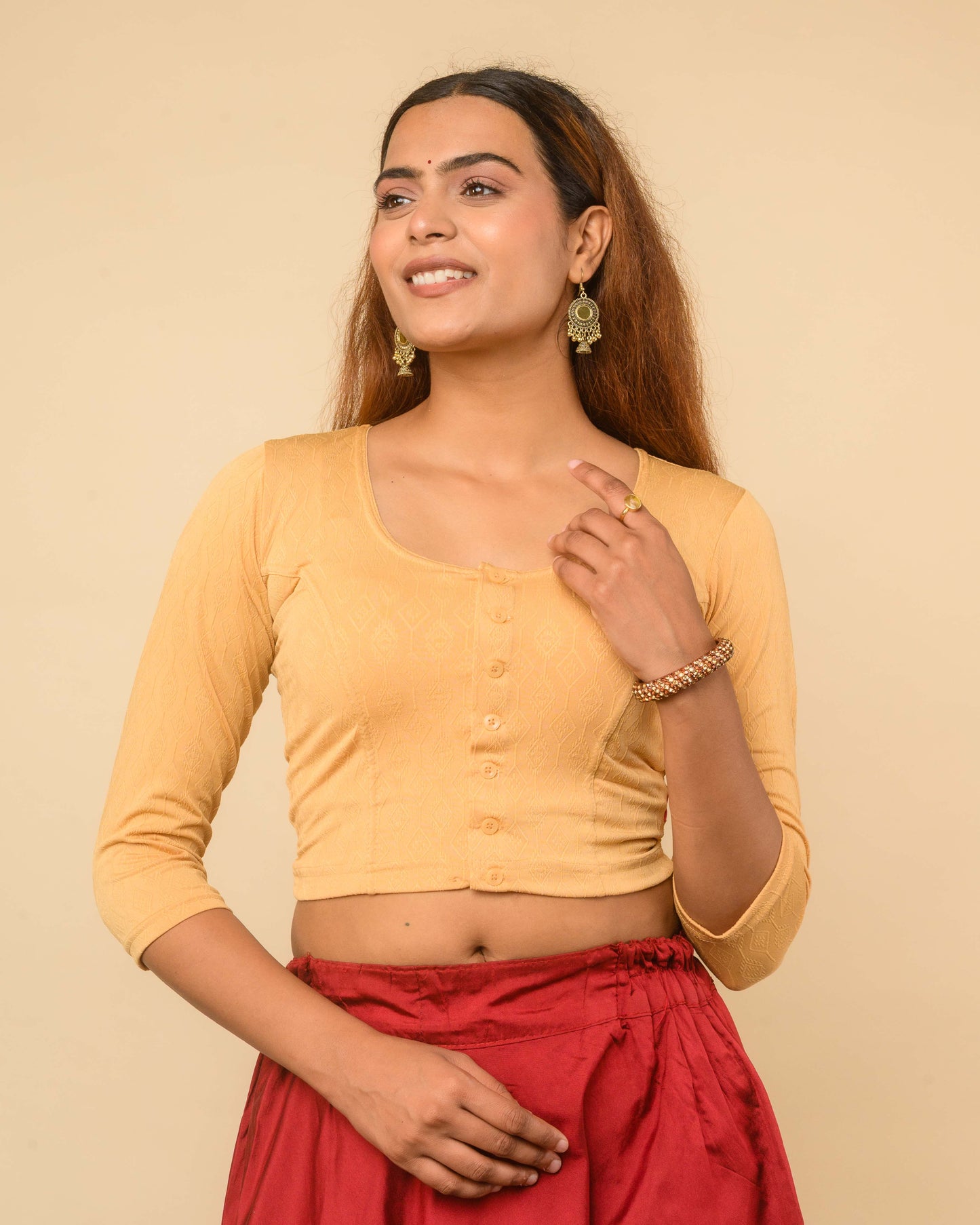 Sakhi Beige Jacquard Long Sleeve Readymade Saree Blouse – Advi