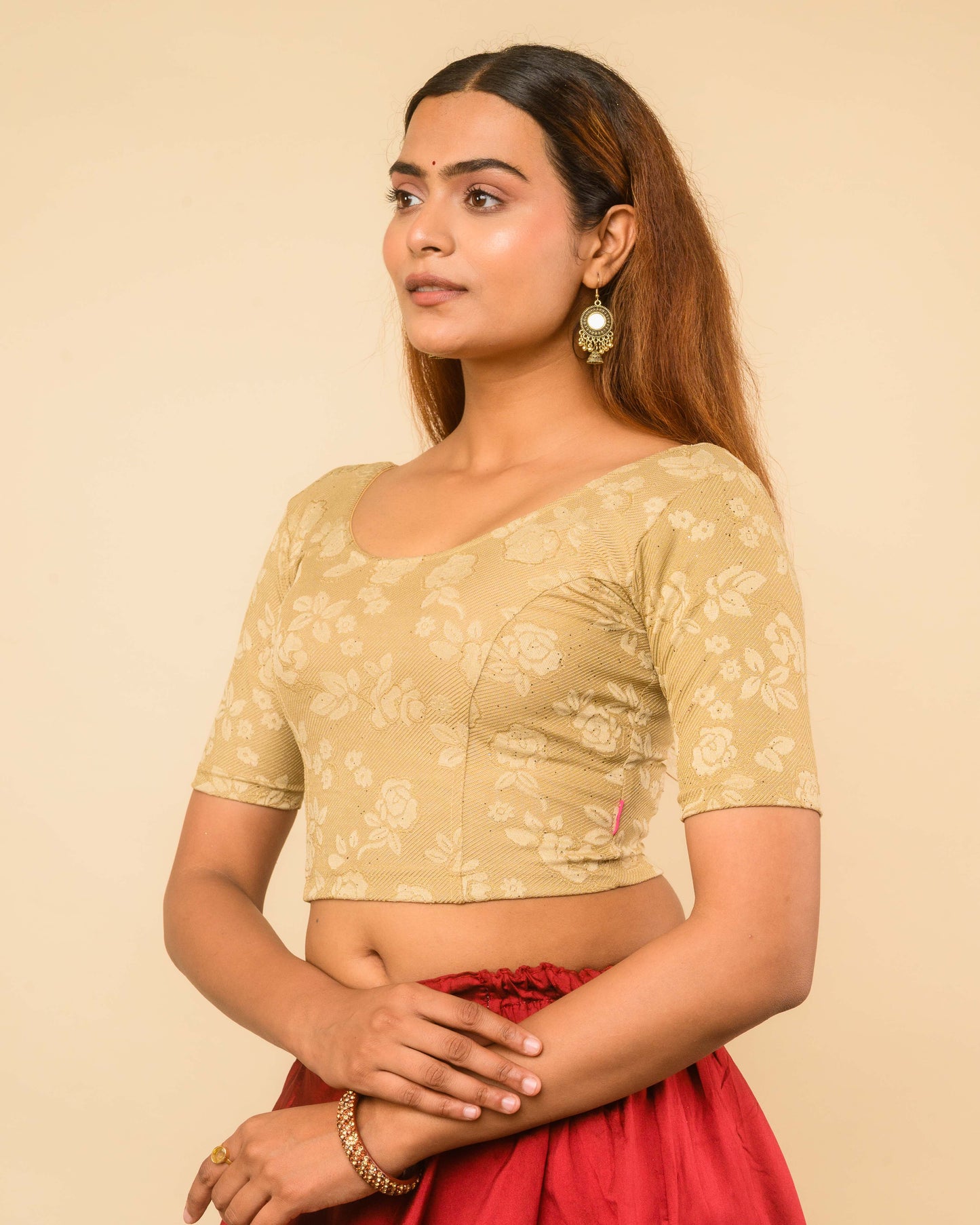Yashi Beige Jacquard Glitter Effect Readymade Saree Blouse – Advi