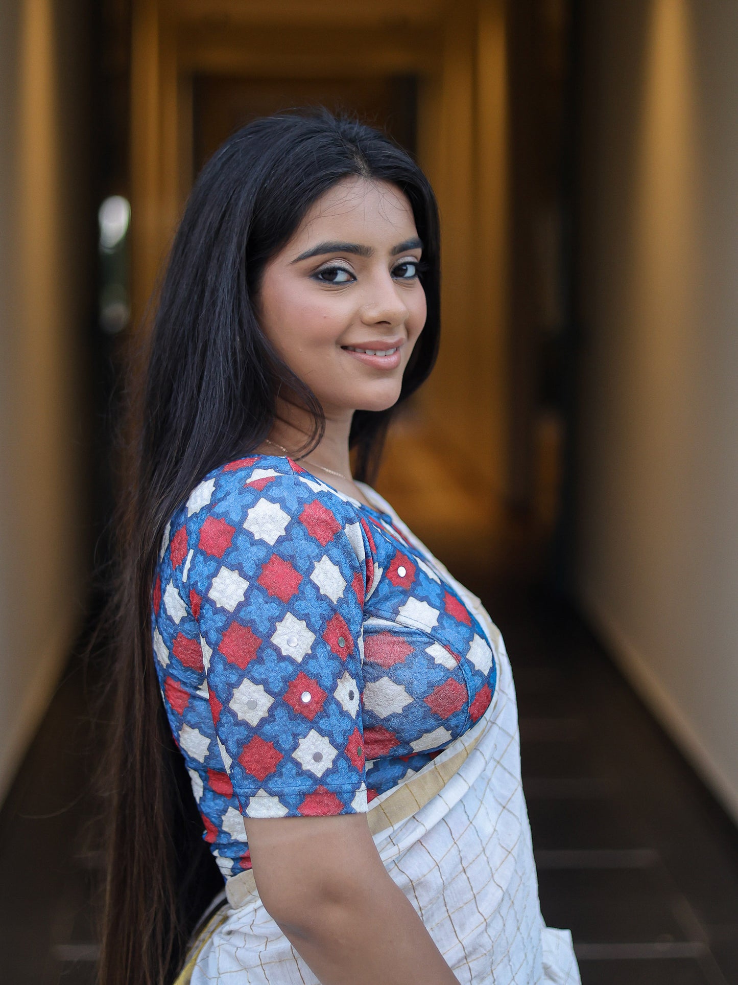 Shabaa Ajrakh Print Jaal Navy Mirror Work Readymade Saree Blouse – Advi