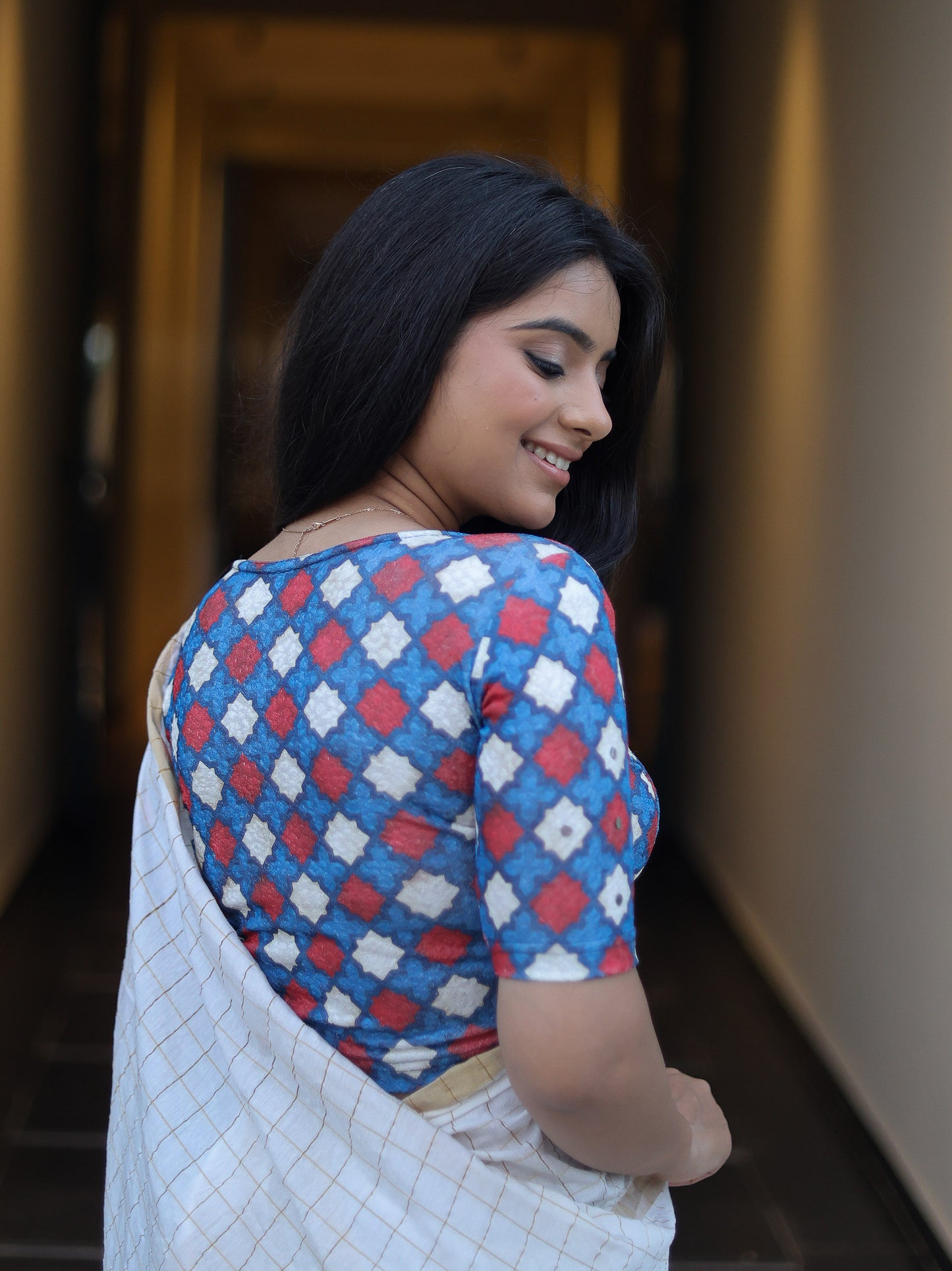 Shabaa Ajrakh Print Jaal Navy Mirror Work Readymade Saree Blouse – Advi