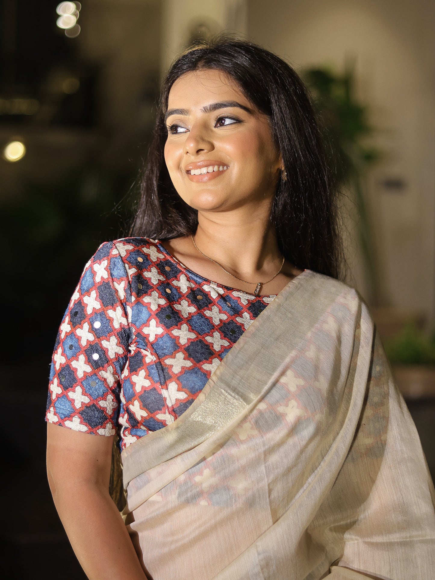 Shabaa Ajrakh Print Jaal Red Mirror Work Readymade Saree Blouse – Advi