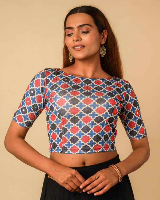 Shabaa Ajrakh Print Jaal Black Mirror Work Readymade Saree Blouse – Advi