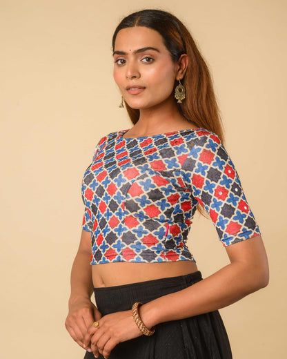 Shabaa Ajrakh Print Jaal Black Mirror Work Readymade Saree Blouse – Advi