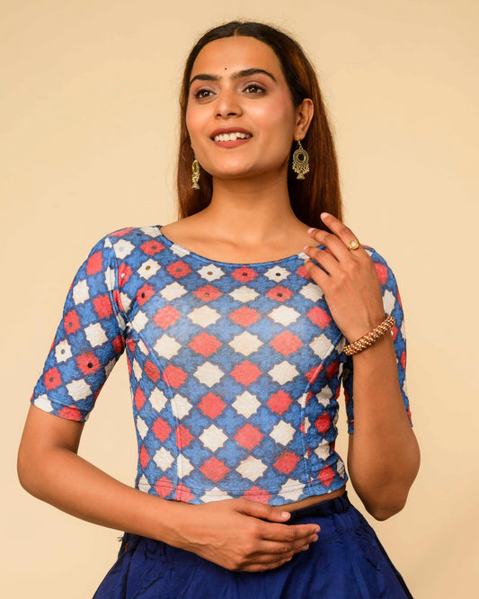 Shabaa Ajrakh Print Jaal Navy Mirror Work Readymade Saree Blouse – Advi