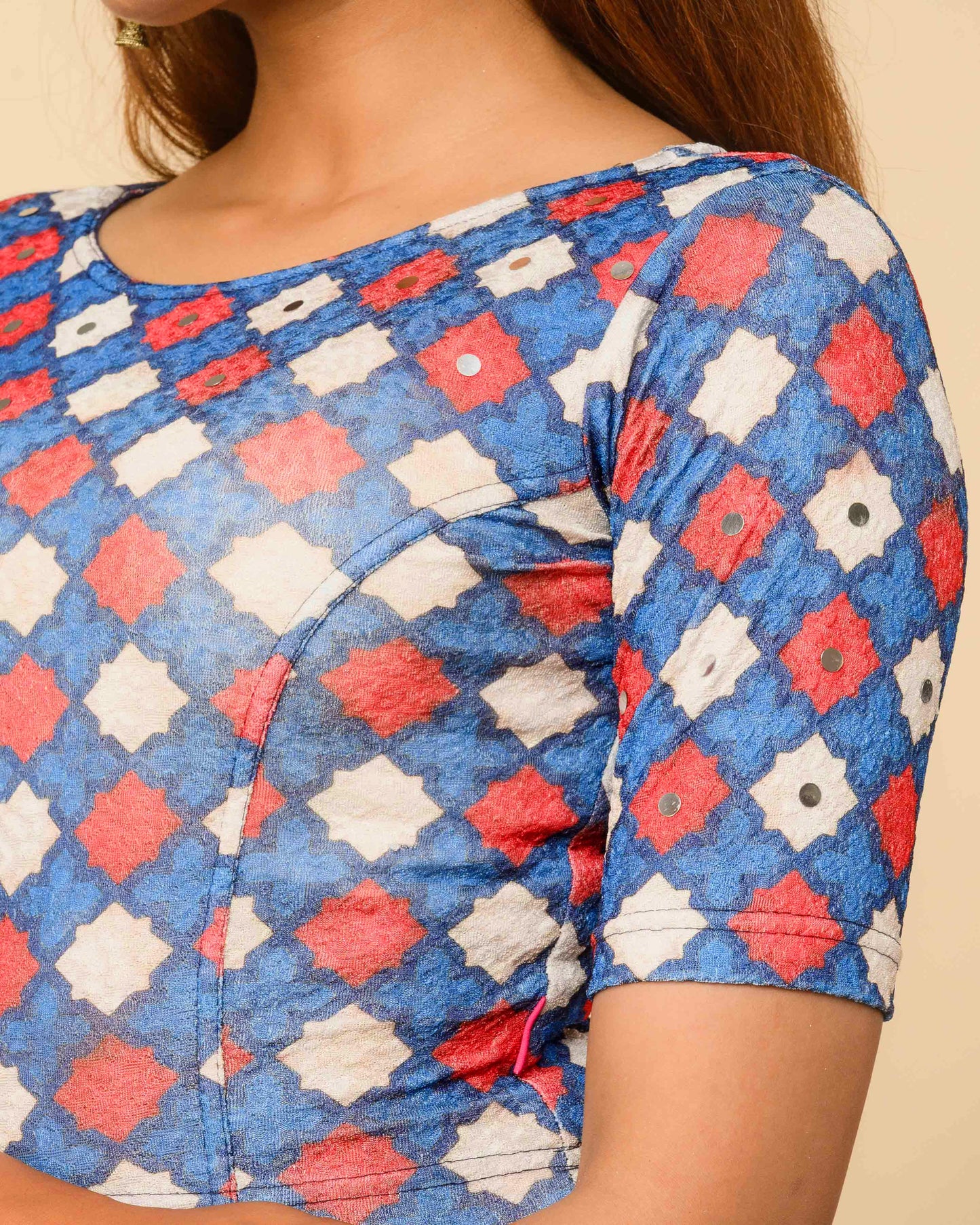 Shabaa Ajrakh Print Jaal Navy Mirror Work Readymade Saree Blouse – Advi