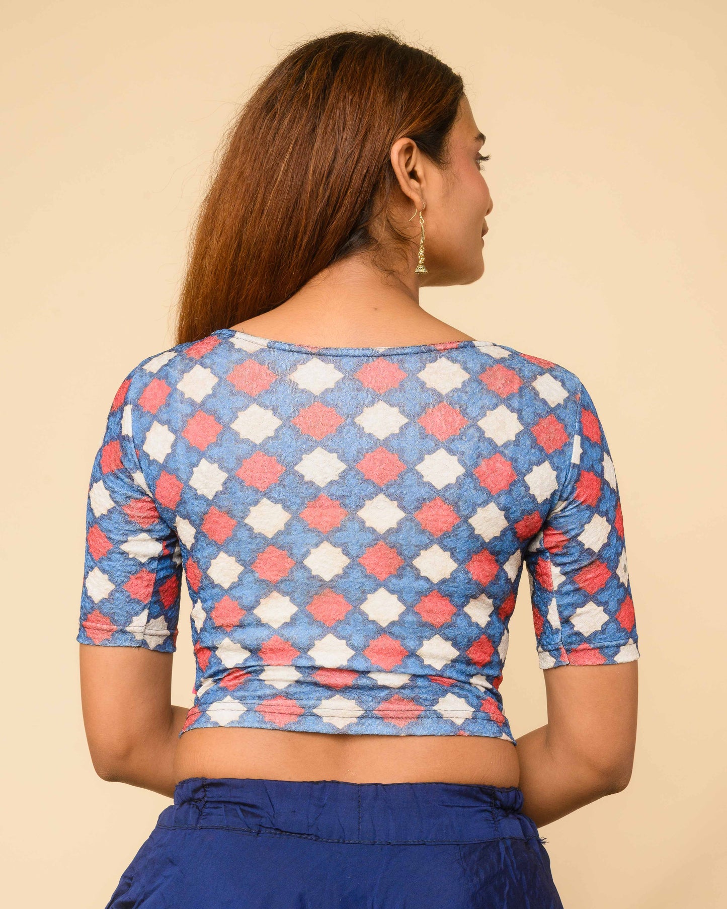 Shabaa Ajrakh Print Jaal Navy Mirror Work Readymade Saree Blouse – Advi