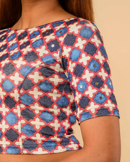 Shabaa Ajrakh Print Jaal Red Mirror Work Readymade Saree Blouse – Advi