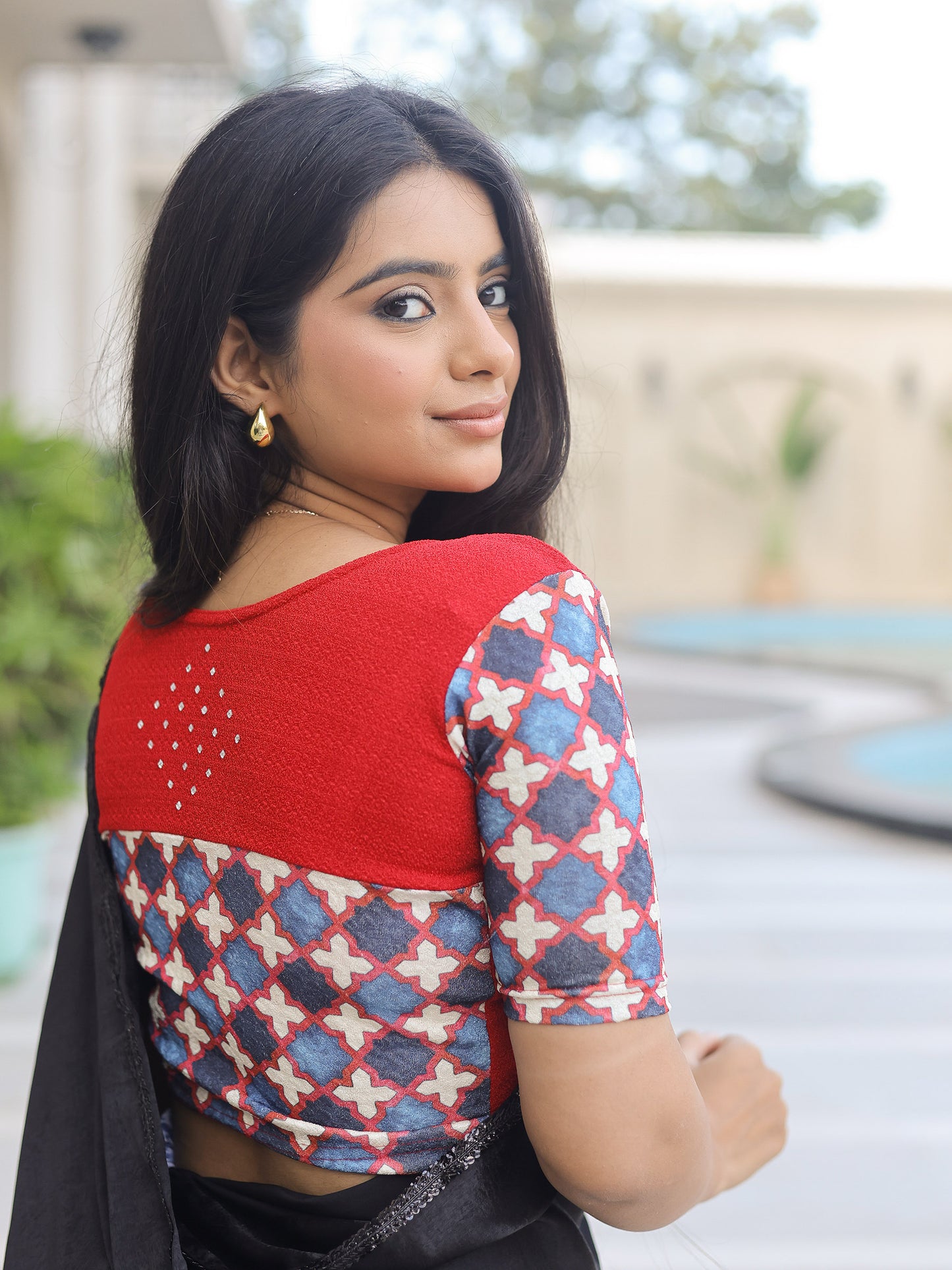 Manek Red Mirror Ajrakh Saree Blouse – Festive Stretchable by Advi