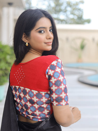 Manek Red Mirror Ajrakh Saree Blouse – Festive Stretchable by Advi