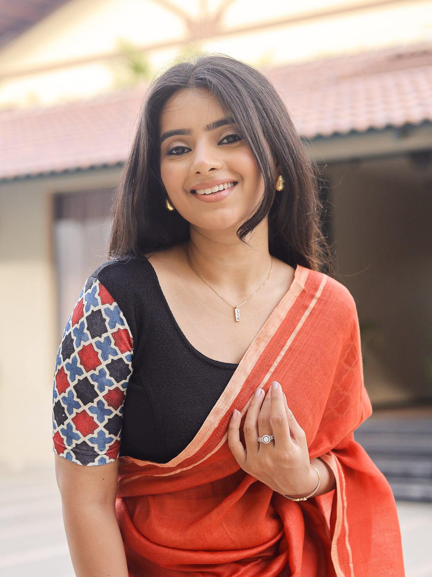 Manek Midnight Black Mirror Ajrakh Saree Blouse – Festive Stretchable by Advi