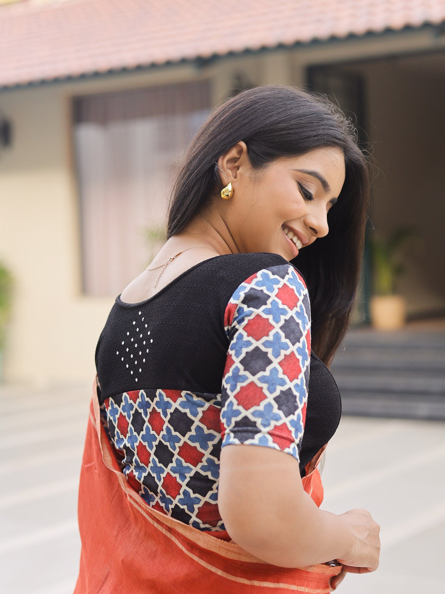 Manek Midnight Black Mirror Ajrakh Saree Blouse – Festive Stretchable by Advi