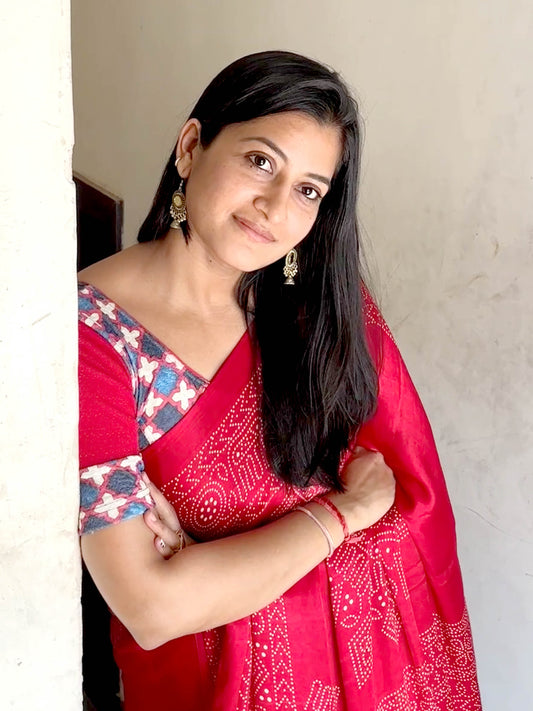 Mohar Red Ajrakh Print & Solid Sleeve Readymade Saree Blouse – Advi