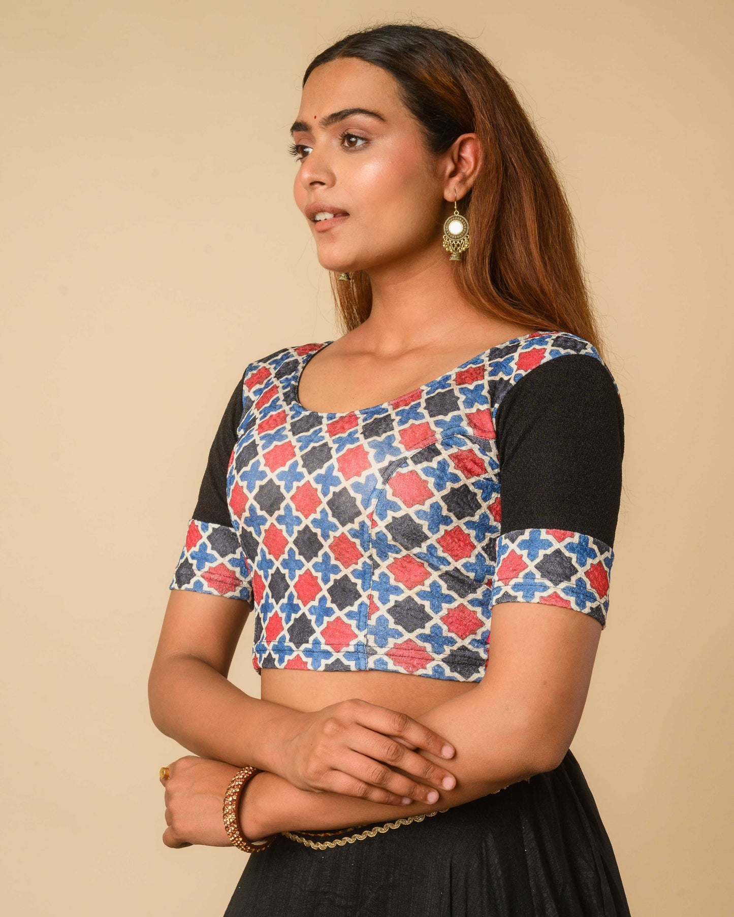Mohar Black Ajrakh Print & Solid Sleeve Readymade Saree Blouse – Advi