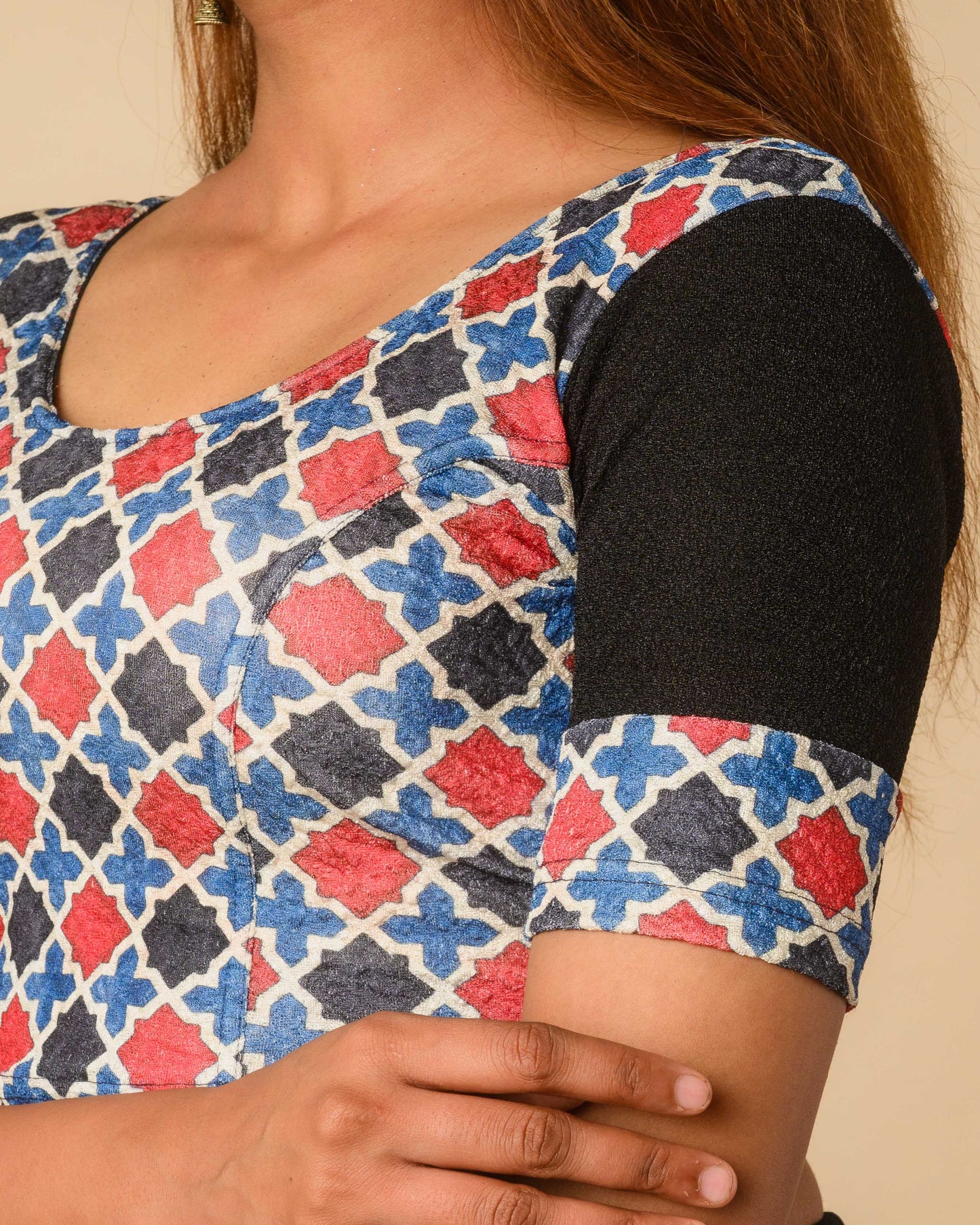 Mohar Black Ajrakh Print & Solid Sleeve Readymade Saree Blouse – Advi