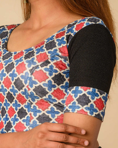 Mohar Black Ajrakh Print & Solid Sleeve Readymade Saree Blouse – Advi