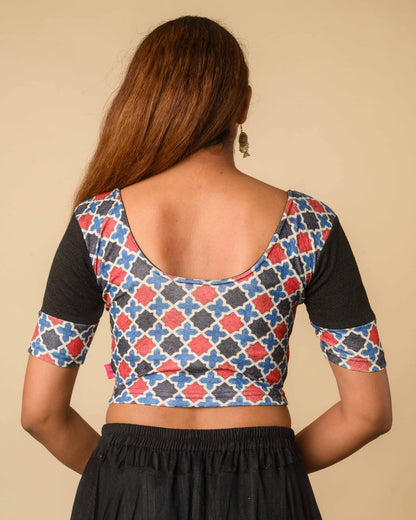 Mohar Black Ajrakh Print & Solid Sleeve Readymade Saree Blouse – Advi