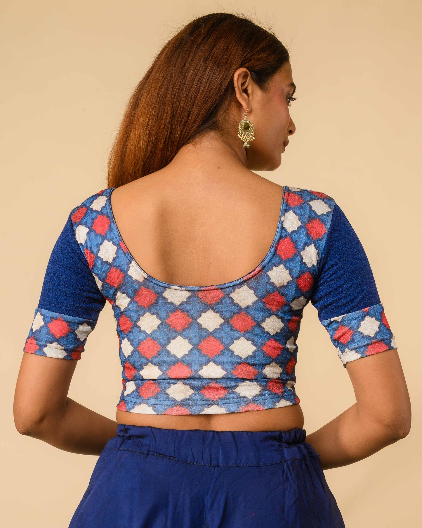 Mohar Navy Blue Ajrakh Print & Solid Sleeve Readymade Saree Blouse – Advi