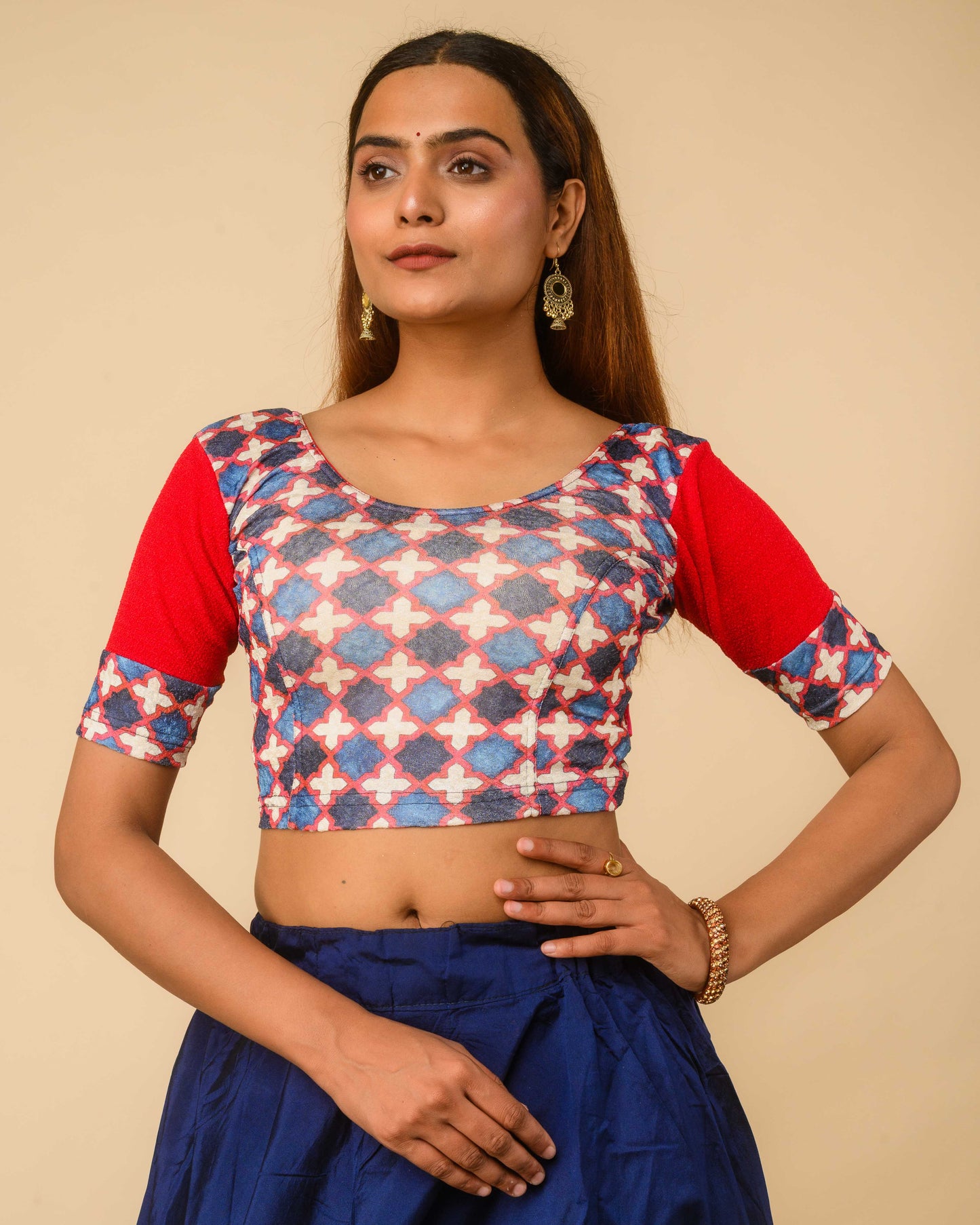 Mohar Red Ajrakh Print & Solid Sleeve Readymade Saree Blouse – Advi