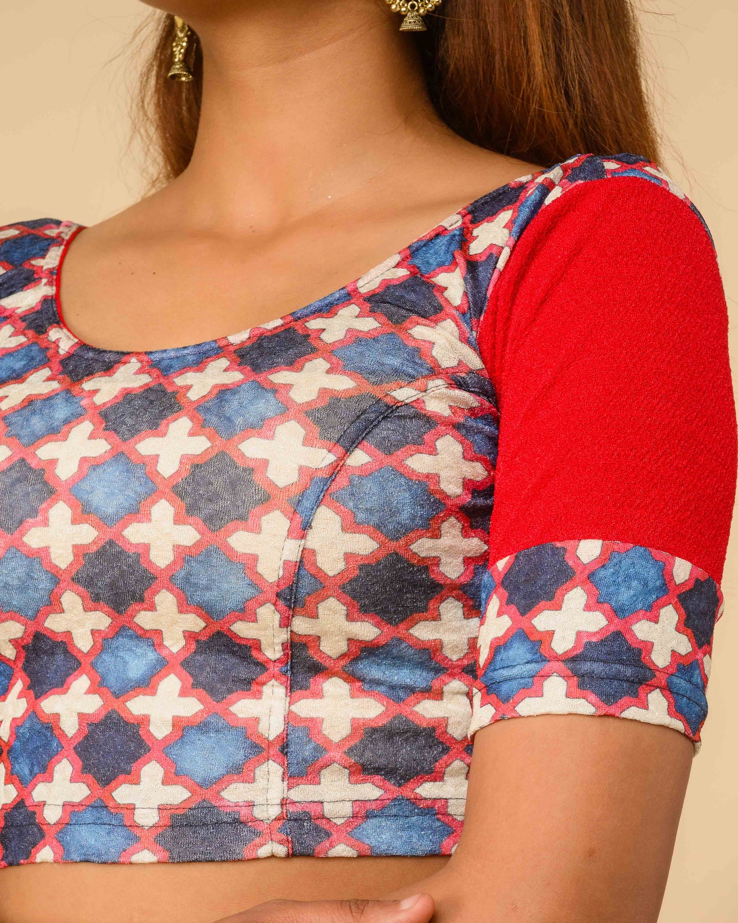 Mohar Red Ajrakh Print & Solid Sleeve Readymade Saree Blouse – Advi