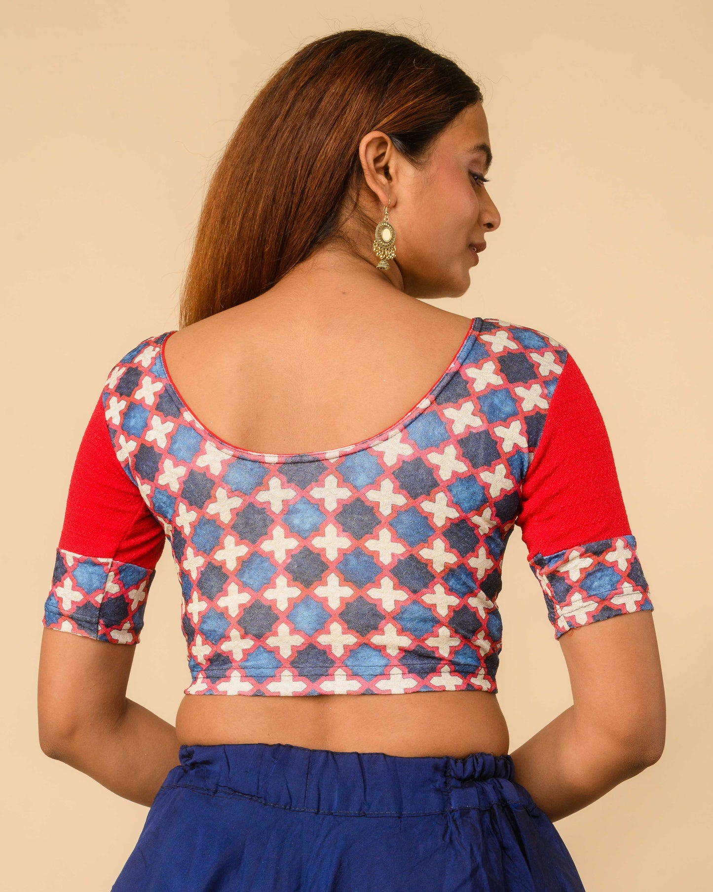 Mohar Red Ajrakh Print & Solid Sleeve Readymade Saree Blouse – Advi