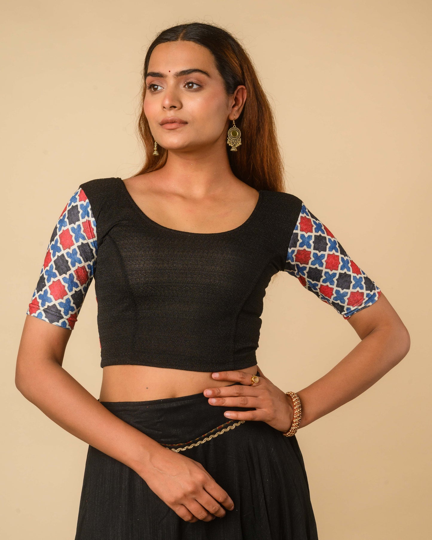 Manek Midnight Black Mirror Ajrakh Saree Blouse – Festive Stretchable by Advi
