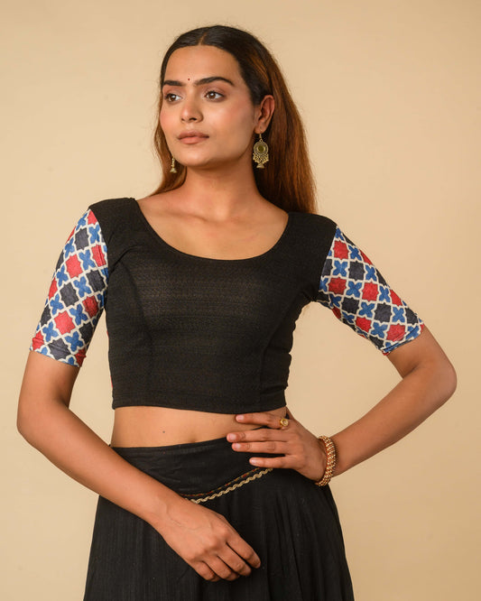 Manek Midnight Black Mirror Ajrakh Saree Blouse – Festive Stretchable by Advi