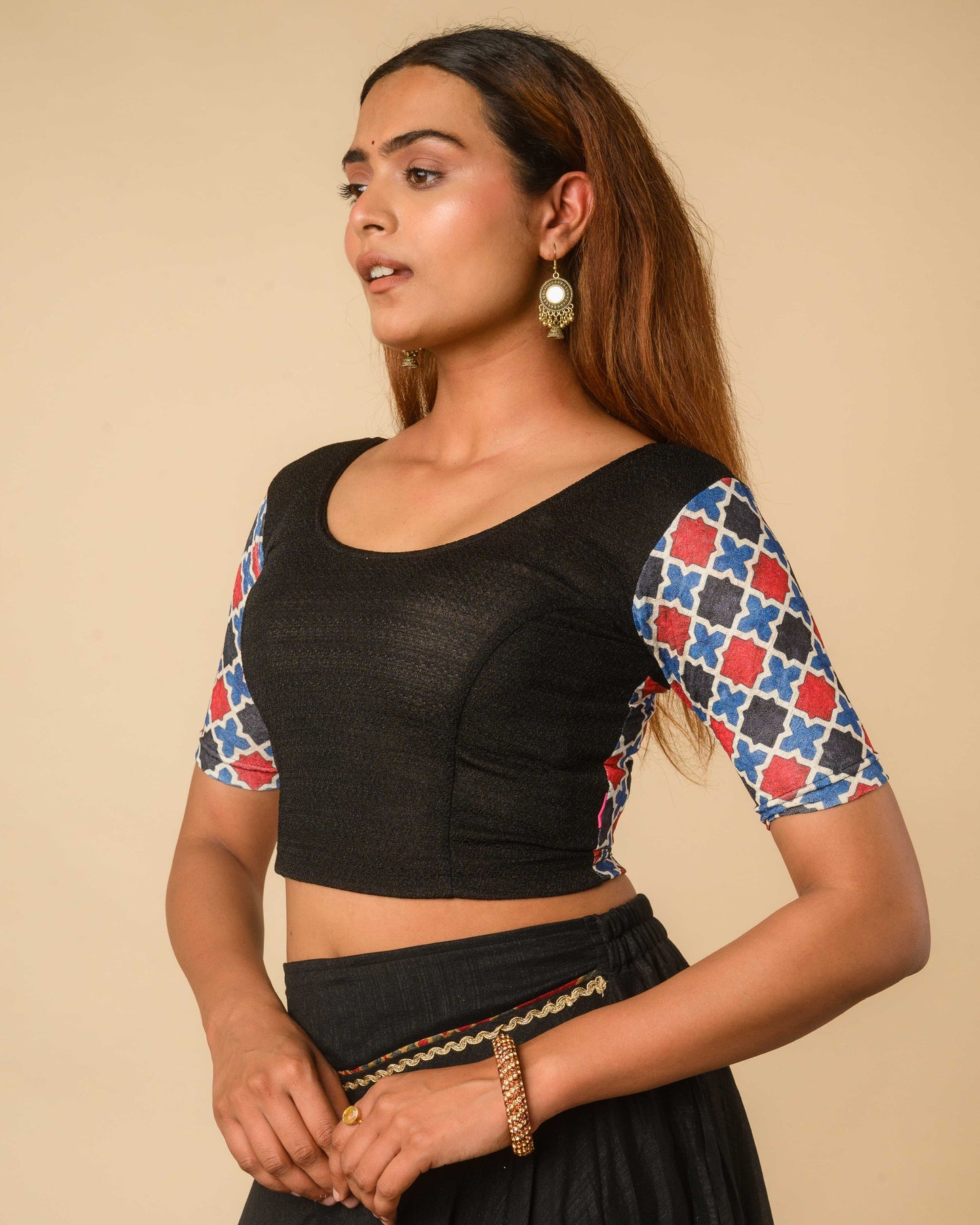 Manek Midnight Black Mirror Ajrakh Saree Blouse – Festive Stretchable by Advi