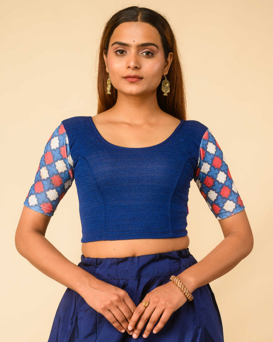 Manek Midnight Navy Mirror Ajrakh Saree Blouse – Festive Stretchable by Advi