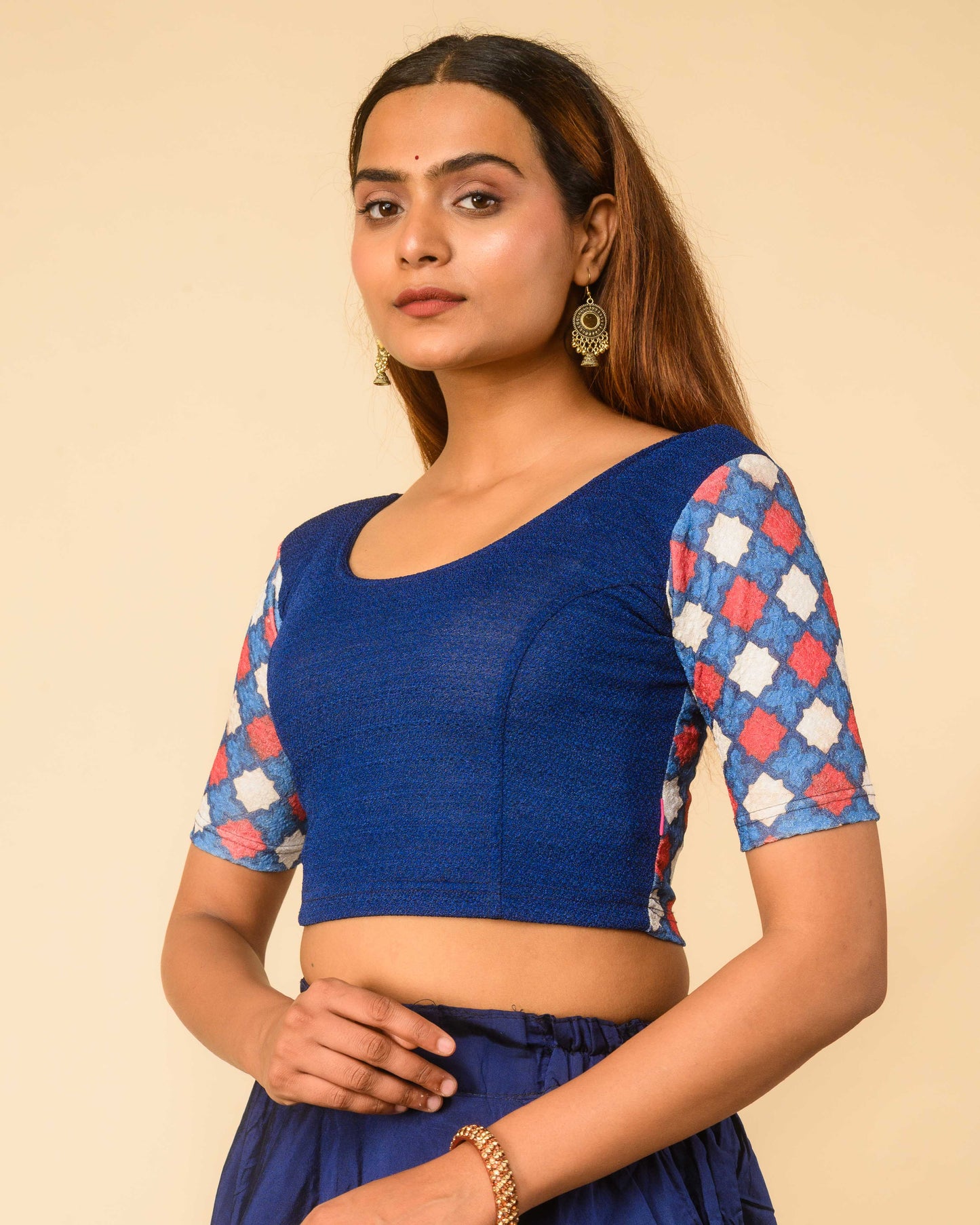 Manek Midnight Navy Mirror Ajrakh Saree Blouse – Festive Stretchable by Advi