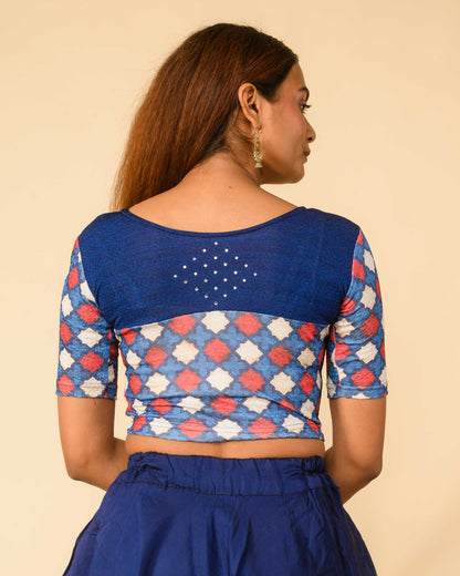 Manek Midnight Navy Mirror Ajrakh Saree Blouse – Festive Stretchable by Advi