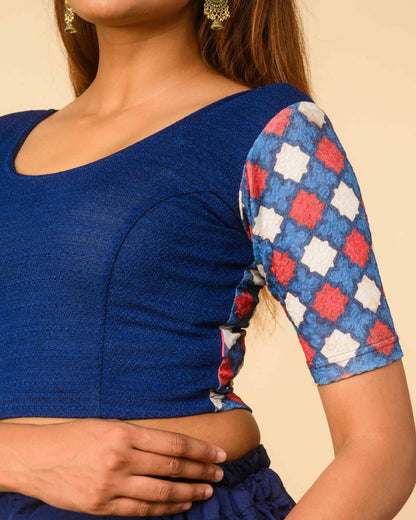 Manek Midnight Navy Mirror Ajrakh Saree Blouse – Festive Stretchable by Advi