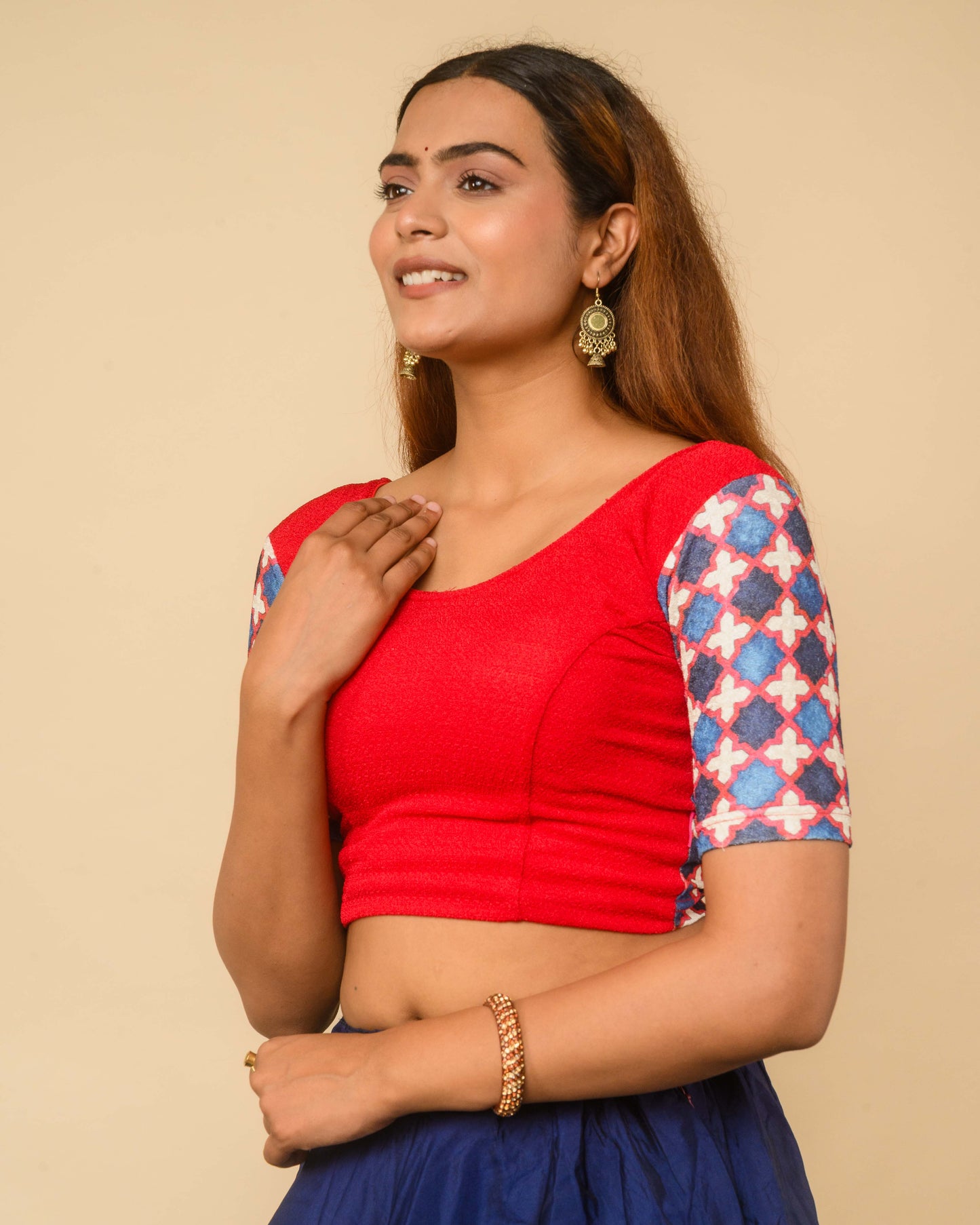 Manek Red Mirror Ajrakh Saree Blouse – Festive Stretchable by Advi