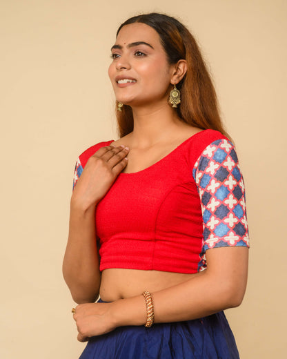 Manek Red Mirror Ajrakh Saree Blouse – Festive Stretchable by Advi