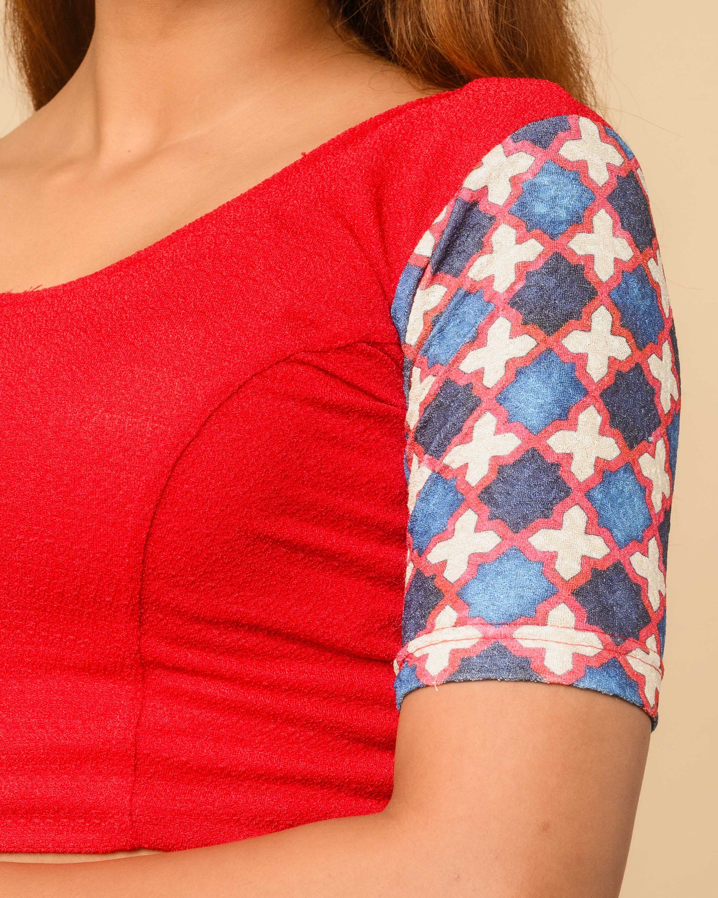 Manek Red Mirror Ajrakh Saree Blouse – Festive Stretchable by Advi