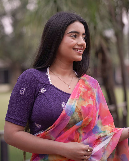Anjali Purple Lucknowi Embroidered Saree Blouse Advi