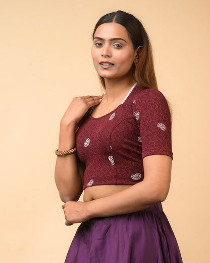Anjali Wine Lucknowi Embroidered Saree Blouse Advi