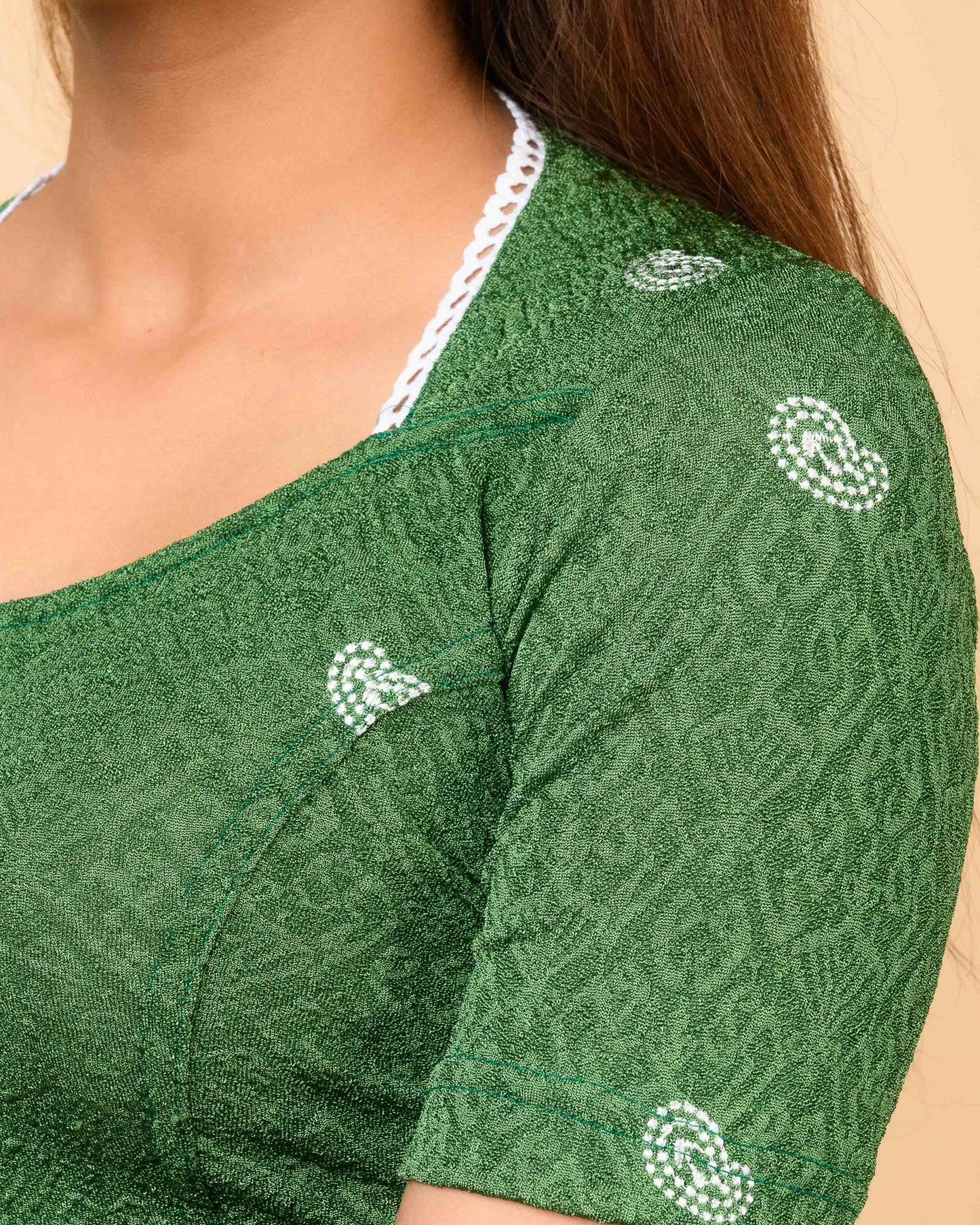 Anjali Bottle Green Lucknowi Embroidered Saree Blouse Advi