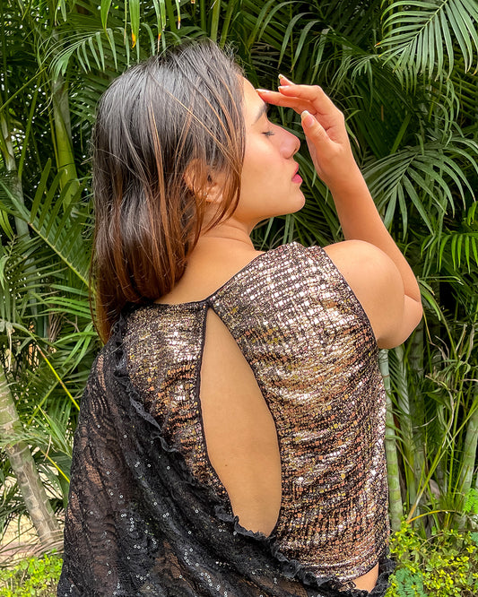 Tira Advi Copper Shimmer Sequin Backless Party Blouse with Stretch Fit