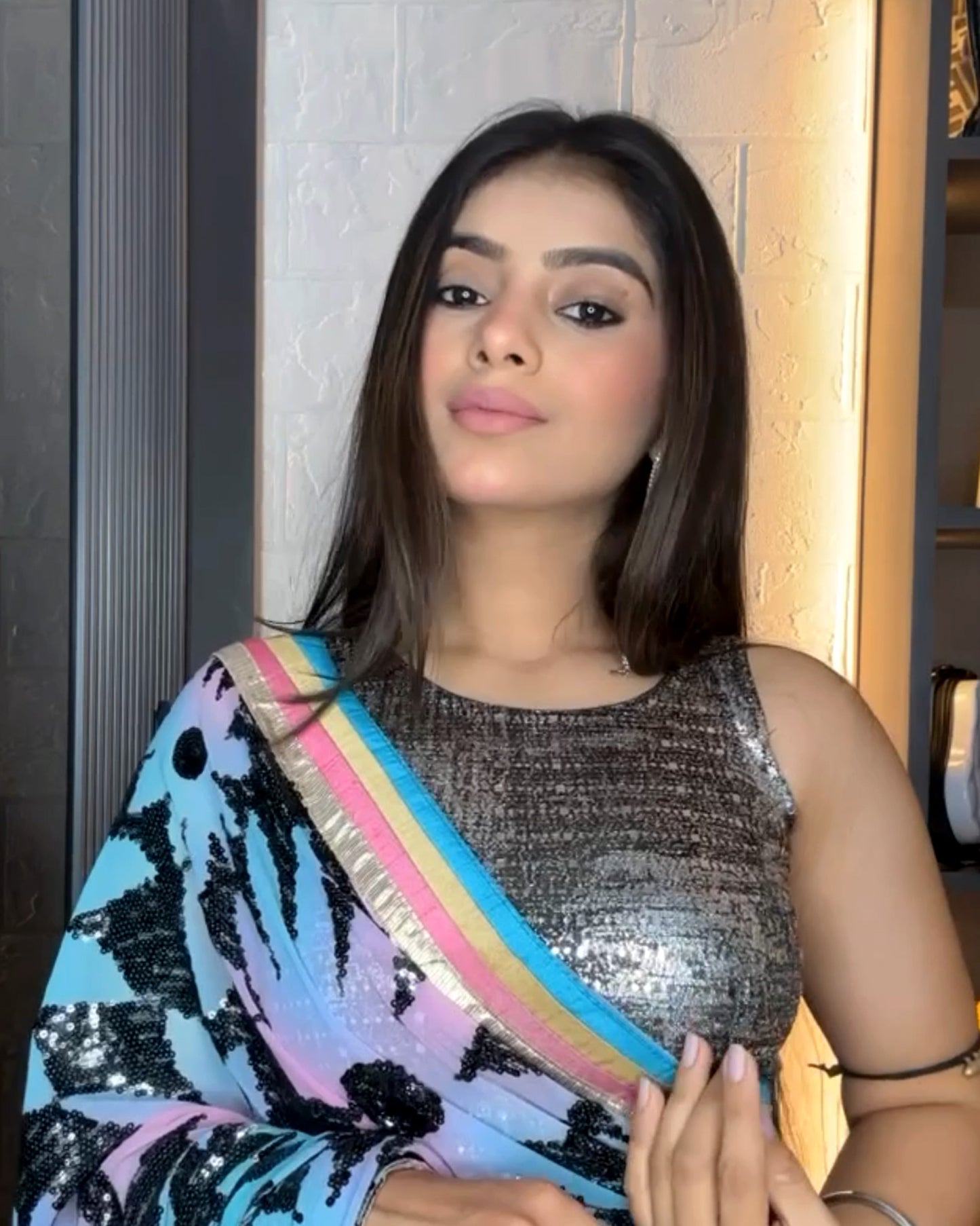 Tira Advi Silver Sparkle Stretch Blouse with Shiny Sequin Backless Design
