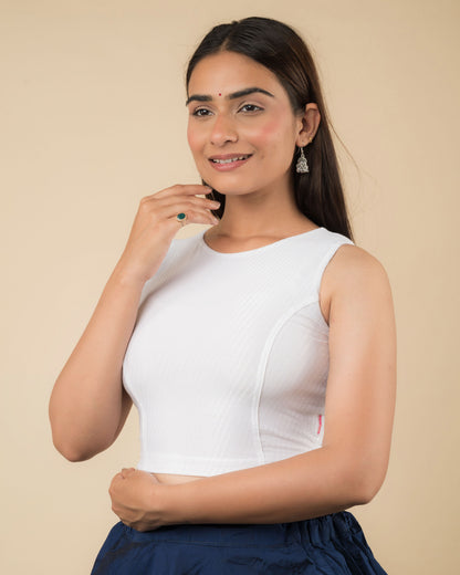 Side profile highlighting the fit and high neckline