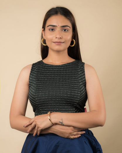 Dhara Bottle Green Striped Stretchable Sleeveless Blouse by Advi