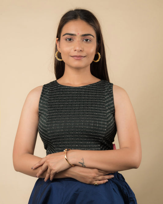 Dhara Bottle Green Striped Stretchable Sleeveless Blouse by Advi