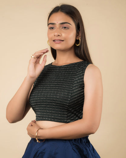 Dhara Bottle Green Striped Stretchable Sleeveless Blouse by Advi