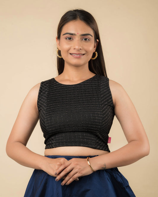 Dhara Black Two-Tone Striped Sleeveless Blouse by Advi