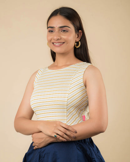 Dhara Cream Striped Boat Neck Stretchable Blouse by Advi