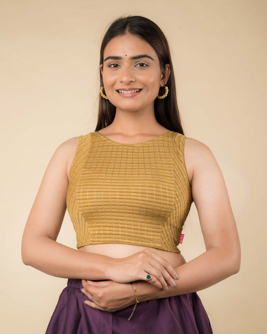 Dhara Dark Gold Sleeveless Blouse with Metallic Stripes by Advi