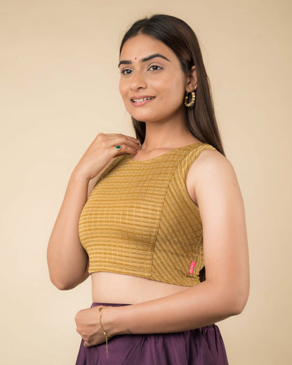 Dhara Dark Gold Sleeveless Blouse with Metallic Stripes by Advi