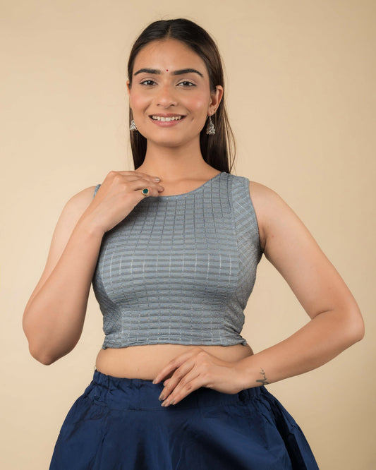 Dhara Gray Self Design Striped Sleeveless Blouse by Advi