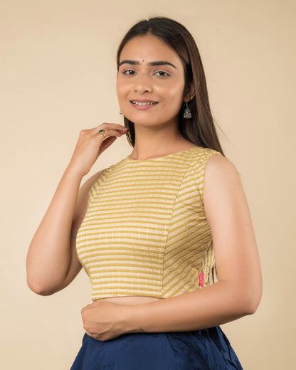 Dhara Light Fawn Striped Sleeveless Boat Neck Blouse by Advi