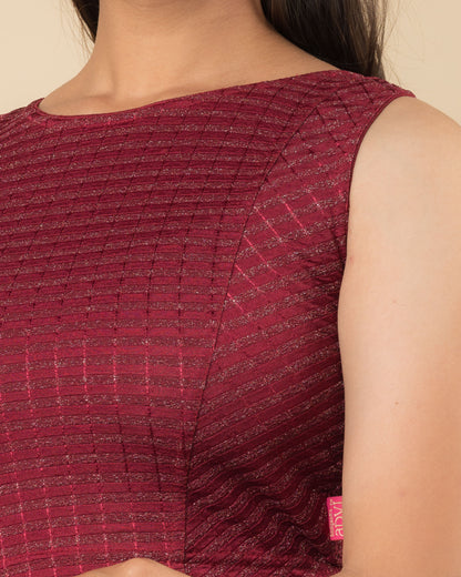 Dhara Maroon Metallic Striped Boat Neck Blouse by Advi